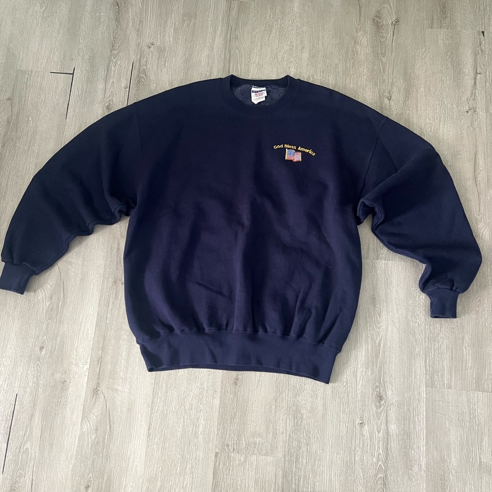 Vintage jerzzes  tag Navy 'God Bless America' Embroidered Crewneck Sweatshirt